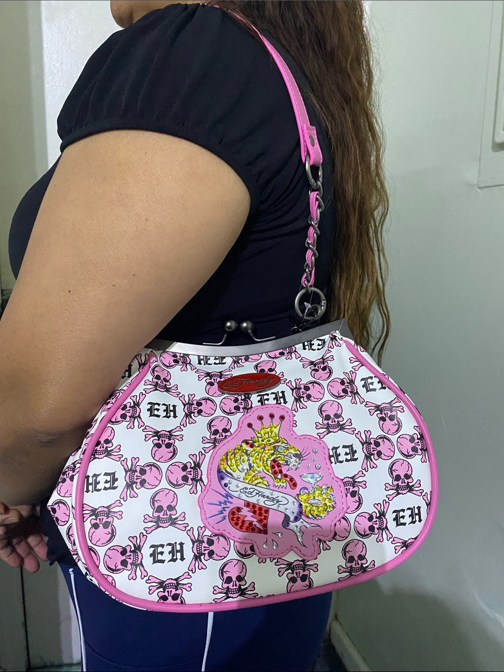Y2K Ed Hardy Pink Graphic Shoulder Bag with Rhinestones, Tiger Motif